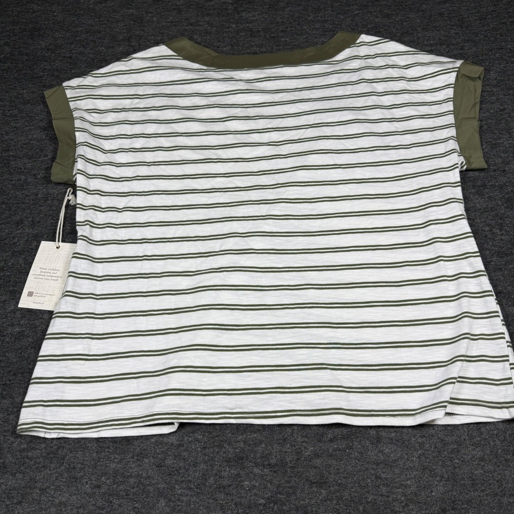 NWT Tru Self Womens Striped Tunic Top Olive Green White XL W Button Shoulder - Picture 2 of 7